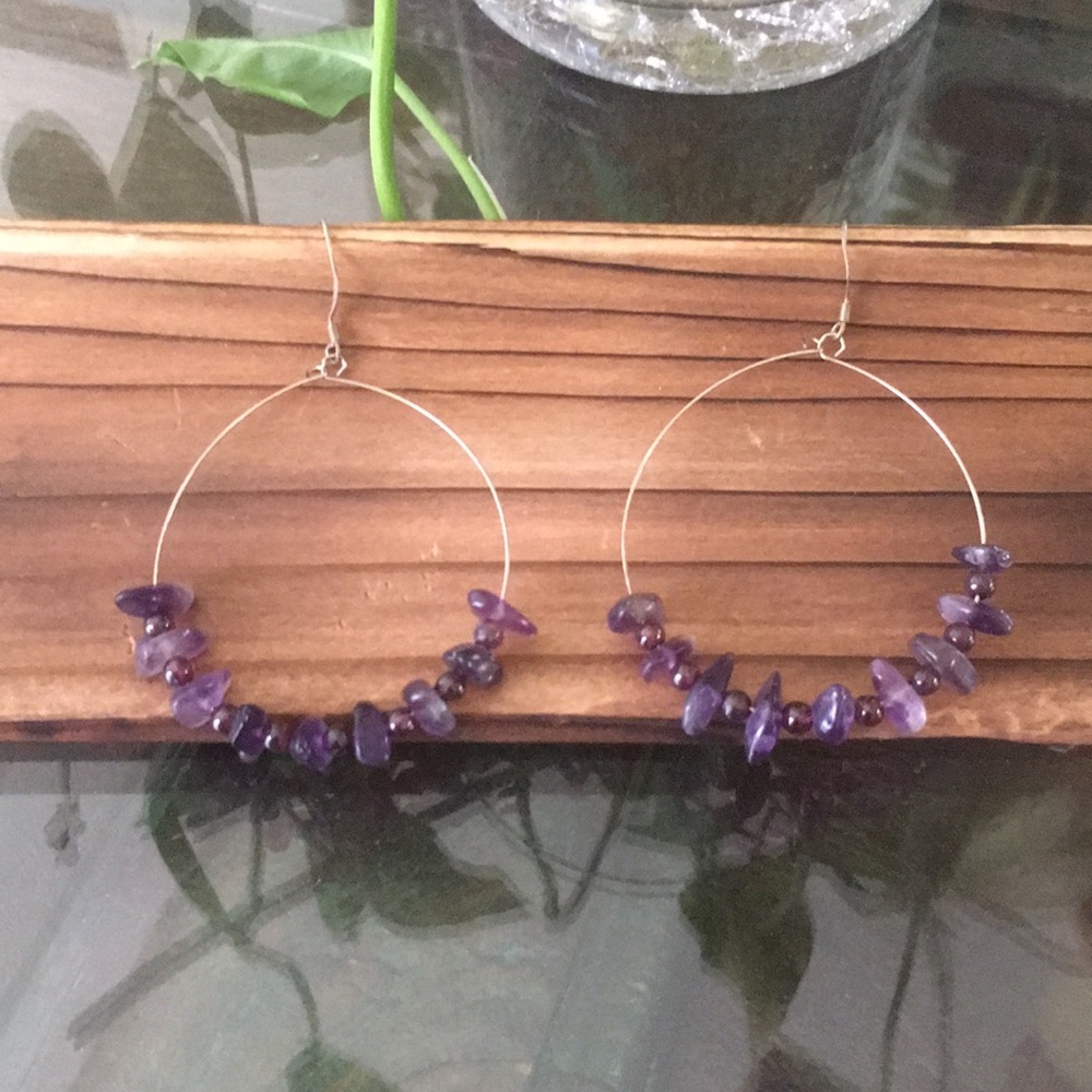 Hippie Chic Amethyst and silver hoop earrings.